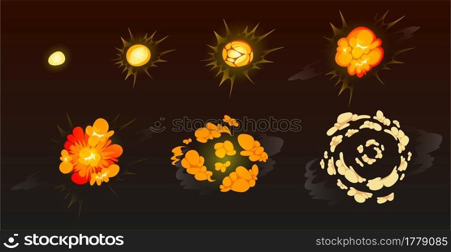 Cartoon bomb explosion storyboard. Clouds, boom and smoke animation frame for mobile game. Dynamite danger explosive detonation, atomic comics fire motion isolated vector explode on black background. Cartoon bomb explosion storyboard, animation.