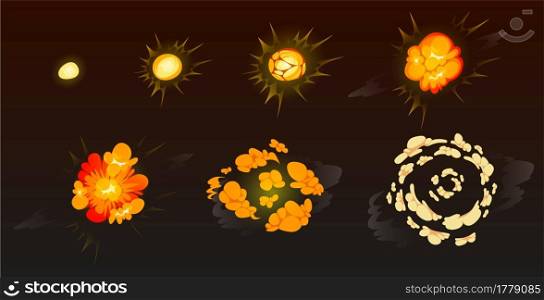 Cartoon bomb explosion storyboard. Clouds, boom and smoke animation frame for mobile game. Dynamite danger explosive detonation, atomic comics fire motion isolated vector explode on black background. Cartoon bomb explosion storyboard, animation.