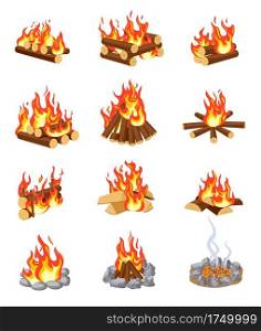 Cartoon bonfire. Summer c&fires flame with firewood. Burning stacked wood. Flat gaming c&ing design isolated vector set. Firewood and bonfire, burn flame, c&fire illustration. Cartoon bonfire. Summer c&fires flame with firewood. Burning stacked wood. Flat gaming c&ing design isolated vector set