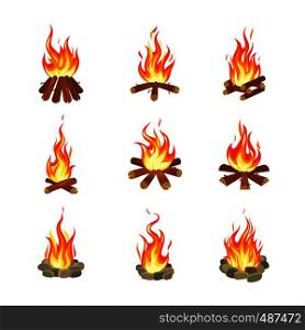 Cartoon bonfire. Tourist summer campfires flame, firewood torch fireplace burning stacked wood flat gaming design. Fire vector illustration. Cartoon bonfire. Tourist summer campfires flame, firewood torch fireplace burning stacked wood flat gaming design vector illustration