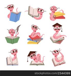 Cartoon book worm. Cute kids intelligent worm mascot in glasses, reading books, funny student animal character, cute colorful earthworm smart insect, education and knowledge symbol vector isolated set. Cartoon book worm. Cute kids intelligent worm mascot in glasses, reading books, funny student animal character, cute colorful earthworm smart insect, education and knowledge symbol vector set