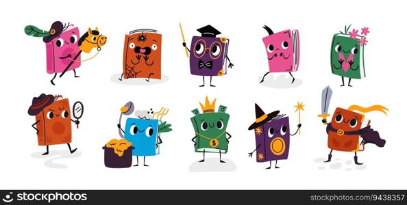 Cartoon books characters. Cute library publications mascots. Different styles of literature. Emotion expressions. Funny faces. Paper textbooks. Fiction fairytale or detective novels. Garish vector set. Cartoon books characters. Cute library publications mascots. Different styles of literature. Emotion expressions. Paper textbooks. Fiction fairytale or detective novels. Garish vector set