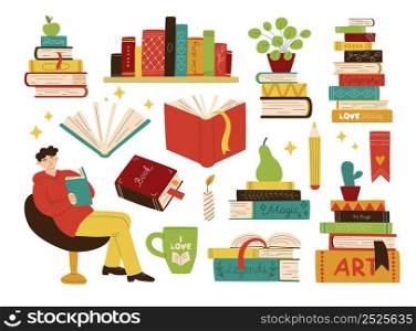 Cartoon books. Cute man reader in chair. Colorful textbooks stacks and houseplants. Cozy activity. Learning student. Bookstore shelves. Fiction literature. Vector educational library elements set. Cartoon books. Man reader in chair. Colorful textbooks and houseplants. Cozy activity. Learning student. Bookstore shelves. Fiction literature. Vector educational library elements set