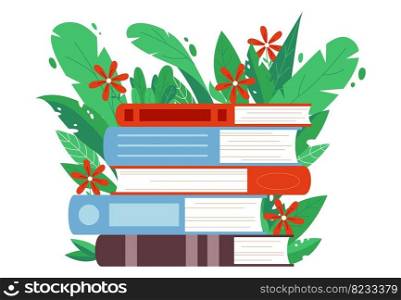 Cartoon books pile. Book in green leaves and flowers. Library, bookstore or education vector concept. Self study literature, reading. Illustration of pile book literature. Cartoon books pile. Book in green leaves and flowers. Library, bookstore or education vector concept. Self study literature, reading