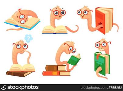 Cartoon bookworms. Worm reading book with glasses, bookworm funny character books, school learning, animal insect earthworm, intelligent world vector. Illustration of education book worm in glasses. Cartoon bookworms. Worm reading book with glasses, bookworm funny character grub in books, school learning artwork, animal insect earthworm, intelligent world libraries neat vector