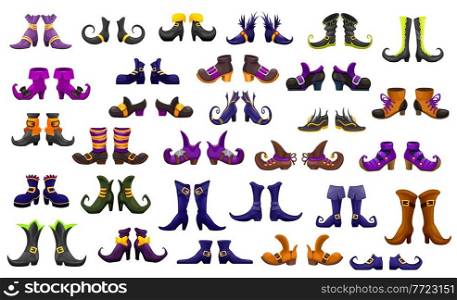 Cartoon boots, shoes of fairy, witch, wizard and warlock or sorceress and enchantress, vector icons. Halloween fairy witch or hellcat, dwarf elf or pixie magic boots or shoes with buckles and ribbons. Cartoon boots shoes of fairy witch, wizard warlock