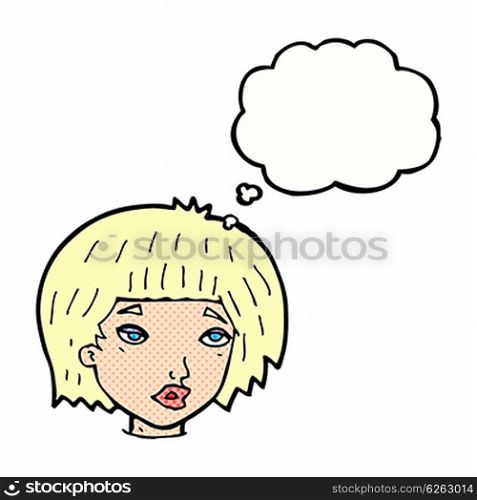 cartoon bored looking woman with thought bubble