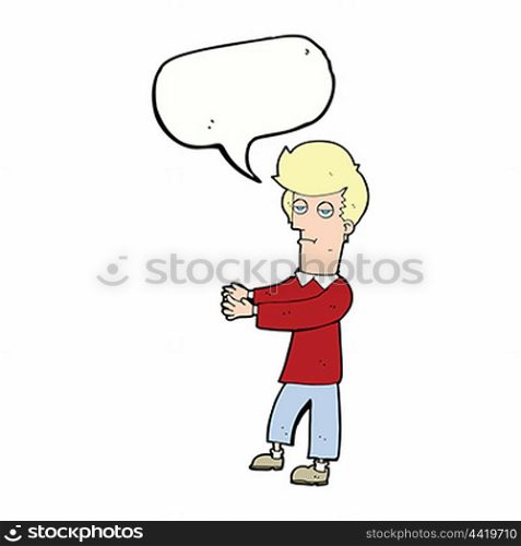 cartoon bored man showing the way with speech bubble