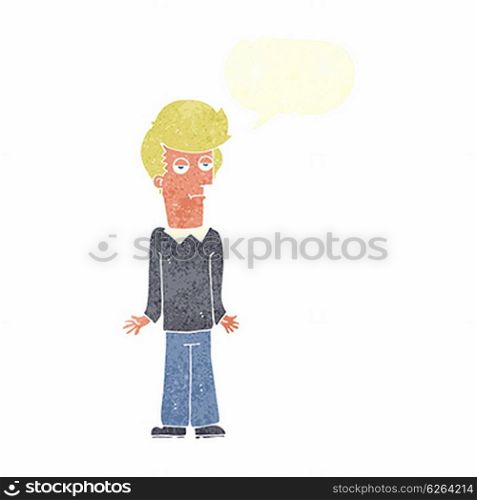 cartoon bored man shrugging shoulders with speech bubble