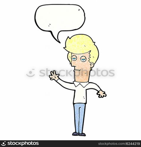 cartoon bored man waving with speech bubble