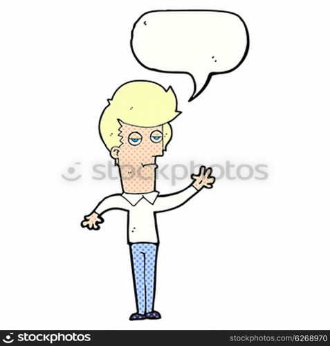 cartoon bored man waving with speech bubble