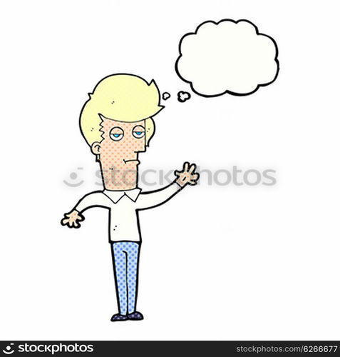 cartoon bored man waving with thought bubble