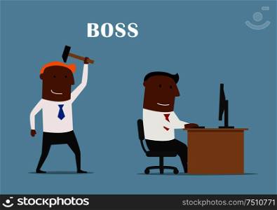 Cartoon boss sneaks to manager with hammer and wants to beat him. Corporate conflict concept. Boss with hammer ready to beat manager