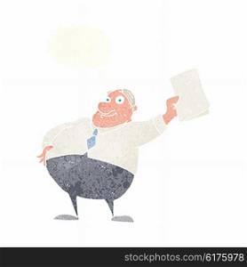 cartoon boss waving papers with thought bubble