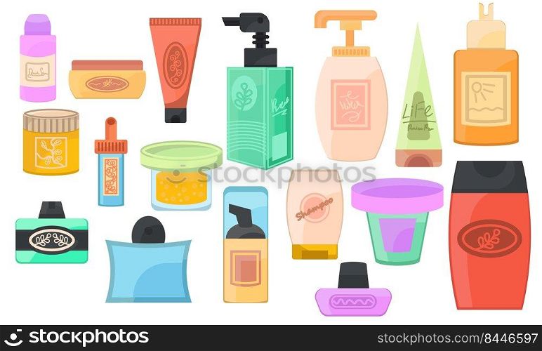 Cartoon bottle cream and sh&oo cosmetics container. Face lotion oil and set facial skin vector illustration. Skincare beauty cosmetic clean collection and drawing simplicity perfume glass object
