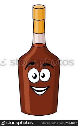 Cartoon bottle of alcohol or liqueur with a gold seal and brown liquid and a happy smiling face isolated on white