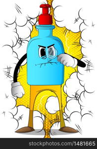Cartoon Bottle of hand sanitizer gel with angry face holding a magnifying glass, Expressions vector.