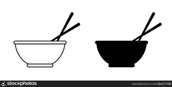 Cartoon bowl and eating chopsticks or Chinese chopsticks. In Chinese, chopsticks means kuaizi. Food, sushi, noodles. Thai, Japanese or Asian cuisine. Restaurant tools. Kitchenware icon.