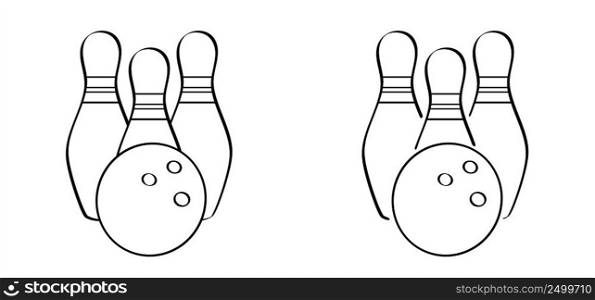 Cartoon bowling pin with stripes and bowling ball. Bowling strike idea. Sport or hobby game. Playing in a team, competition or tournament. Bowling pins and skittles. Play kegling team.