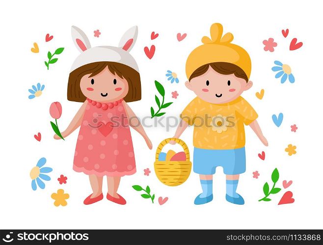 Cartoon boy and girl on Easter Day, happy kids in holiday costumes of cross and chicken with easter eggs and flowers, isolated objects on white, ideal for postcards, prints, posters - vector. cartoon easter day set