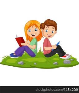 Cartoon boy and girl reading books on the grass