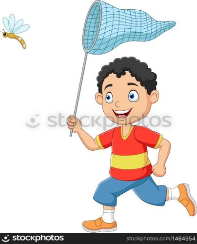 Cartoon boy catching a dragonfly