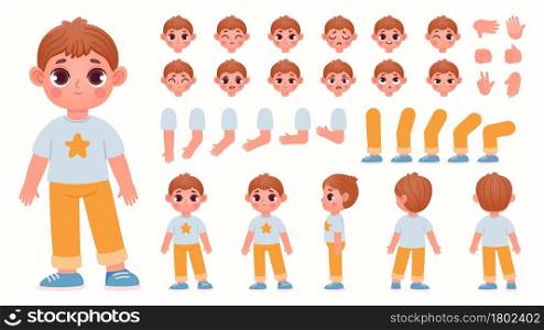 Cartoon boy character constructor with body parts and face emotions. Child expressions, leg poses and hand for animation vector set. Illustration of body pose, face emotion and kit construction. Cartoon boy character constructor with body parts and face emotions. Child expressions, leg poses and hand gestures for animation vector set