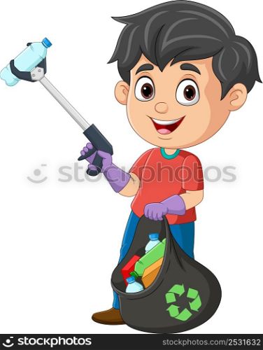 Cartoon boy collecting plastic garbage with litter stick