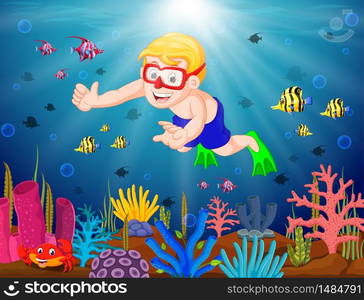 Cartoon boy diving in the sea