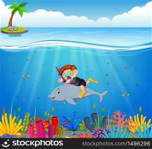 Cartoon boy diving in the sea with dolphin