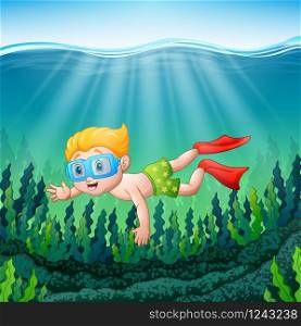 Cartoon boy diving underwater illustration