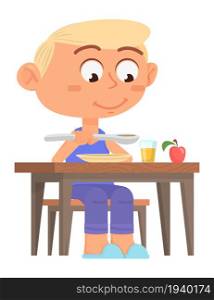 Cartoon boy eating. Cute kid sitting at dinner table isolated on white background. Cartoon boy eating. Cute kid sitting at dinner table
