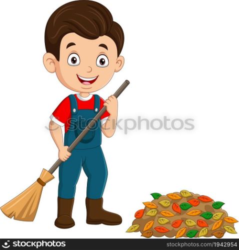Cartoon boy gardener raking leaves