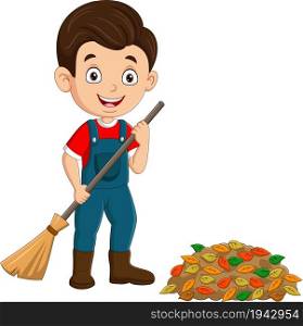 Cartoon boy gardener raking leaves