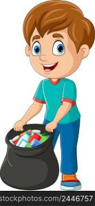 Cartoon boy gathering bottles into garbage bag