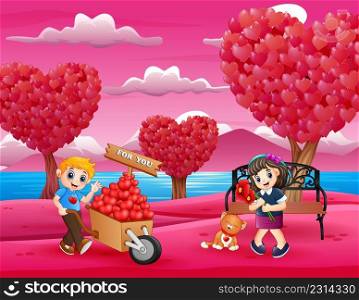 Cartoon boy giving to girl a pile of hearts on the wood trolley 