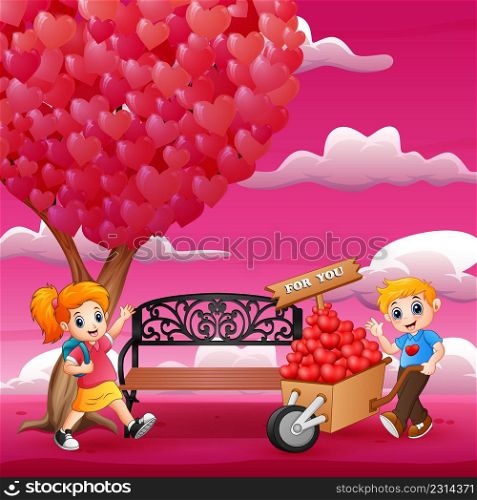 Cartoon boy giving to girl a pile of hearts on the wood trolley