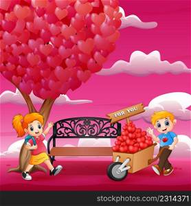 Cartoon boy giving to girl a pile of hearts on the wood trolley