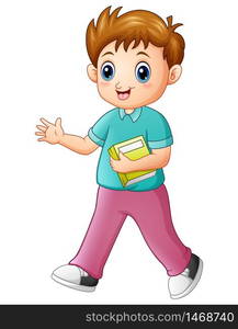 Cartoon boy holding a book with waving hand