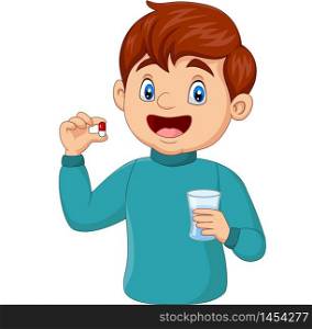 Cartoon boy holding a pill and a glass of water