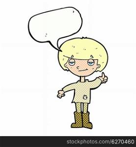 cartoon boy in poor clothing giving thumbs up symbol with speech bubble