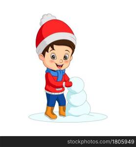Cartoon boy in winter clothes building snowman