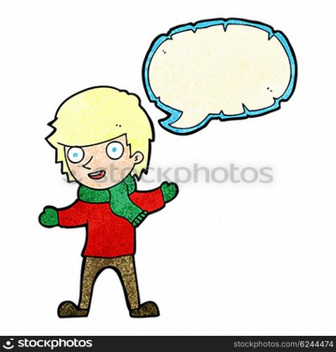 cartoon boy in winter clothes with speech bubble