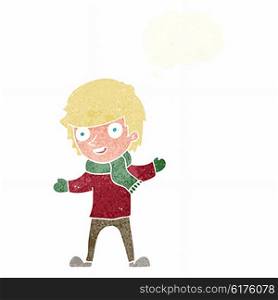 cartoon boy in winter clothes with thought bubble