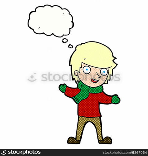 cartoon boy in winter clothes with thought bubble