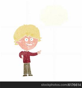 cartoon boy laughing and pointing with thought bubble