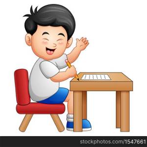 Cartoon boy learning at table giving thumbs up