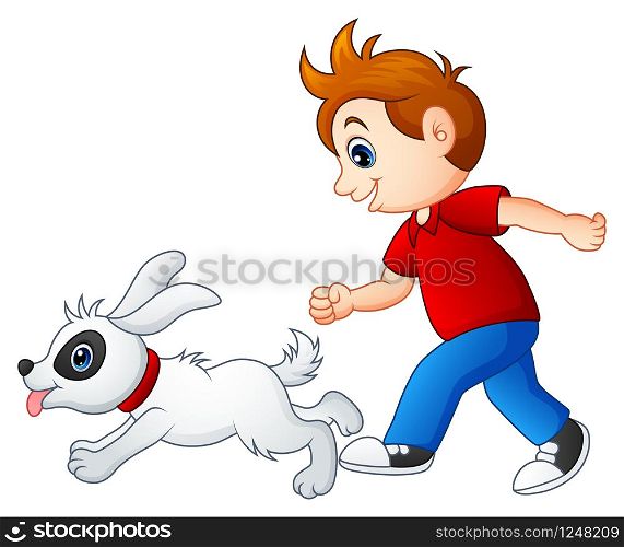 Cartoon boy playing with his pet