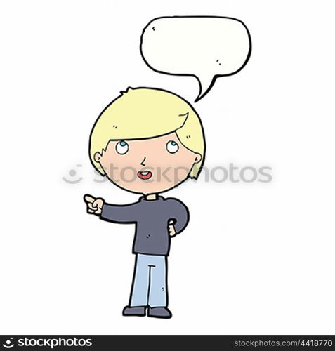 cartoon boy pointing with speech bubble