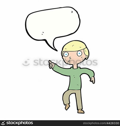 cartoon boy pointing with speech bubble